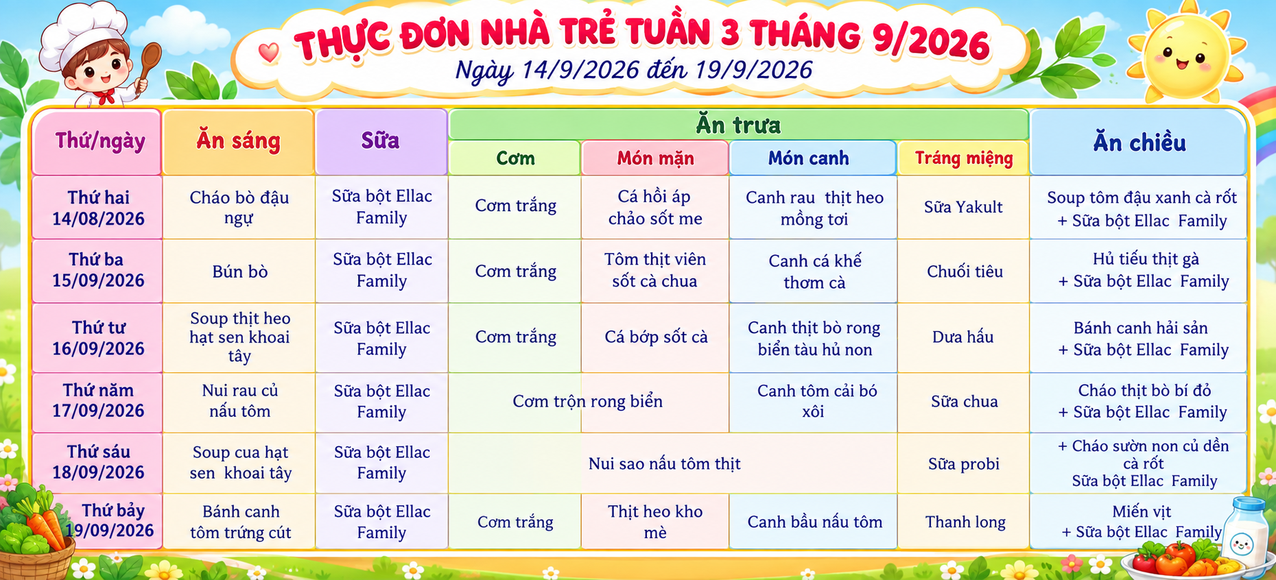 DỰ KIẾN THỰC ĐƠN CHO TRẺ TỪ NGÀY 14/9 ĐẾN NGÀY 19/9/2026